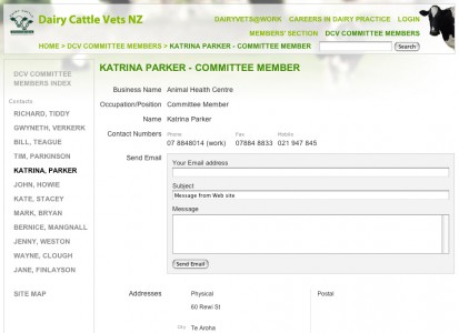 A contact details page for a committee member. Notice the "Send email" form which prevents the persons email address becoming public and a victim of SPAM.