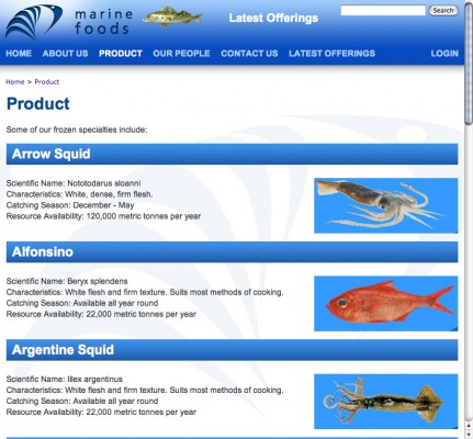 The range of products on offer - this was created as an HTML page for the specific layout